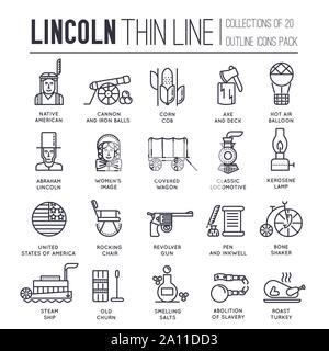 Set of President day in USA thin line icons on white. Abraham Lincoln life`s moments outline pictograms collection. Technological advances of 19th century vector element for infographic, web. Stock Vector